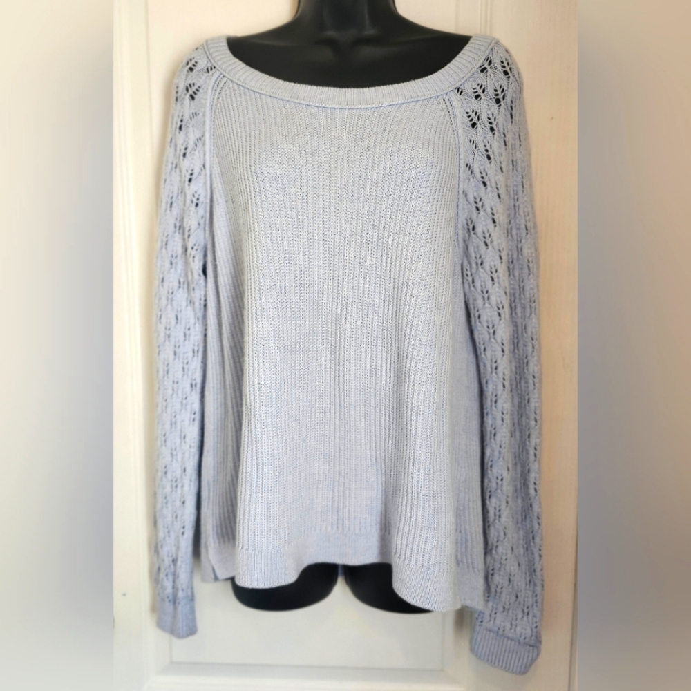 LOFT Blue Crew Neck Sweater with Intricate Open Knit Sleeves Size Large EUC